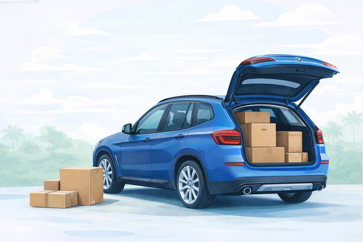 Blue car with open trunk and boxes
