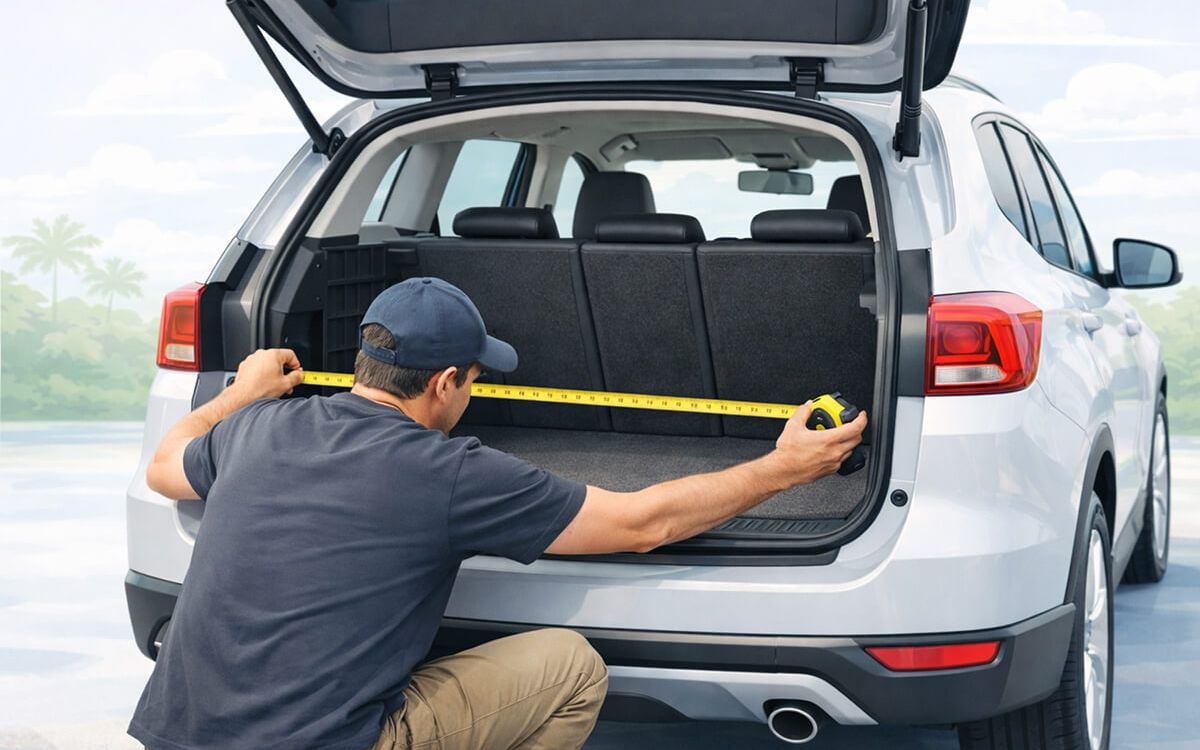 Person measuring SUV trunk opening width with a tape measure before loading a flat-pack box
