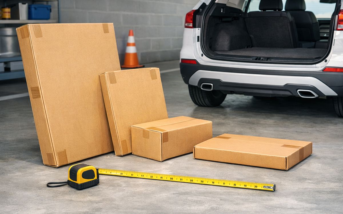 Flat-pack boxes and a tape measure next to an open SUV trunk for package dimension and cargo space checks