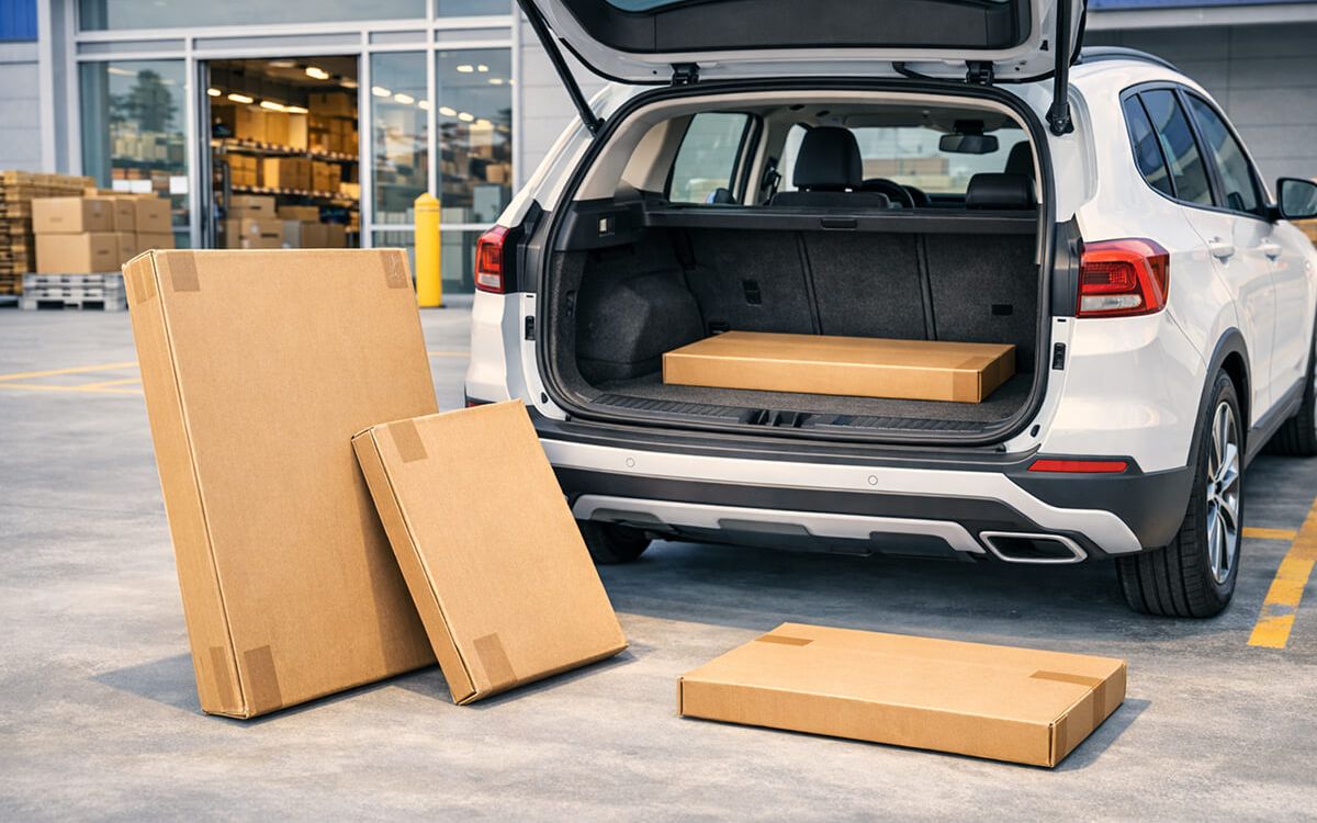 Flat-pack furniture boxes beside an open SUV trunk on IKEA pickup day