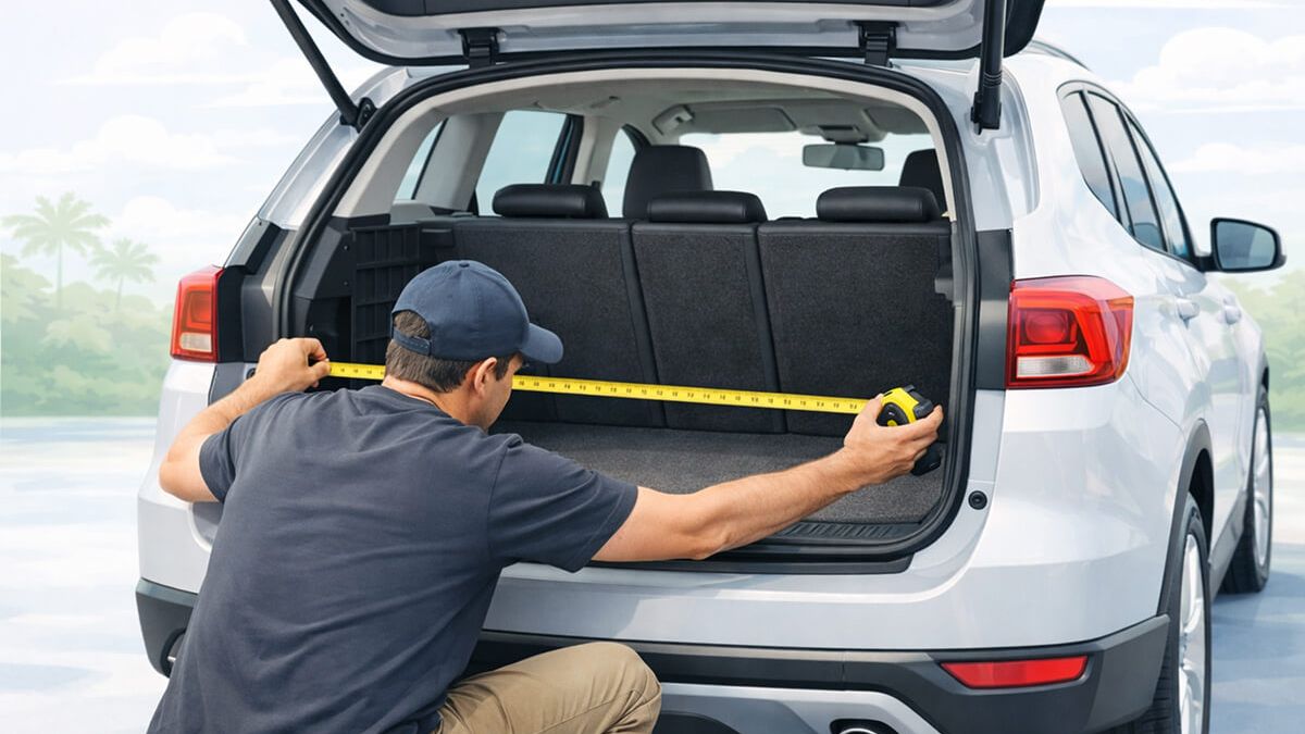 Person measuring SUV trunk opening width with a tape measure before loading a flat-pack box