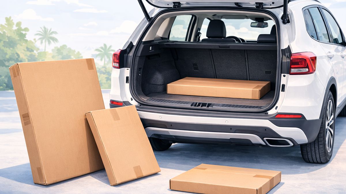Flat-pack boxes beside an open SUV trunk showing how package size affects car fit results