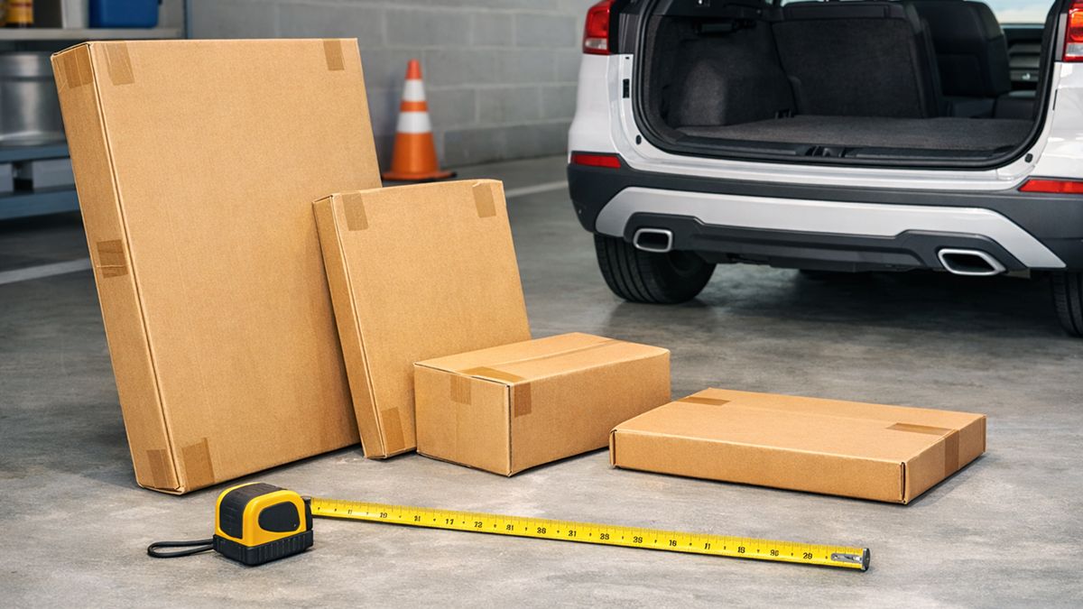 Flat-pack boxes and a tape measure next to an open SUV trunk for package dimension and cargo space checks
