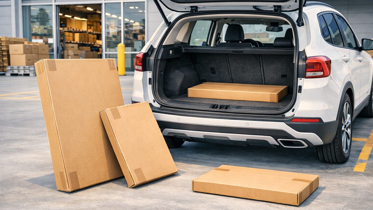 Flat-pack furniture boxes beside an open SUV trunk on IKEA pickup day