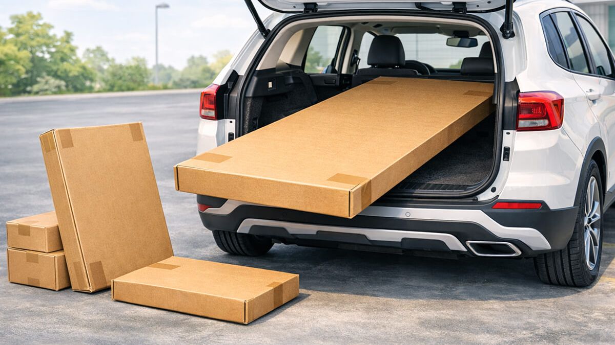 Long flat-pack box being loaded into an SUV first to test the hardest package on pickup day
